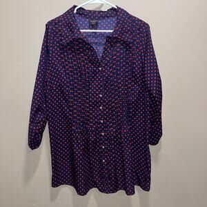 Blouse Top Women’s 1x Navy Red Polka Dot Pleats Preppy Flowy Colorful Capsule